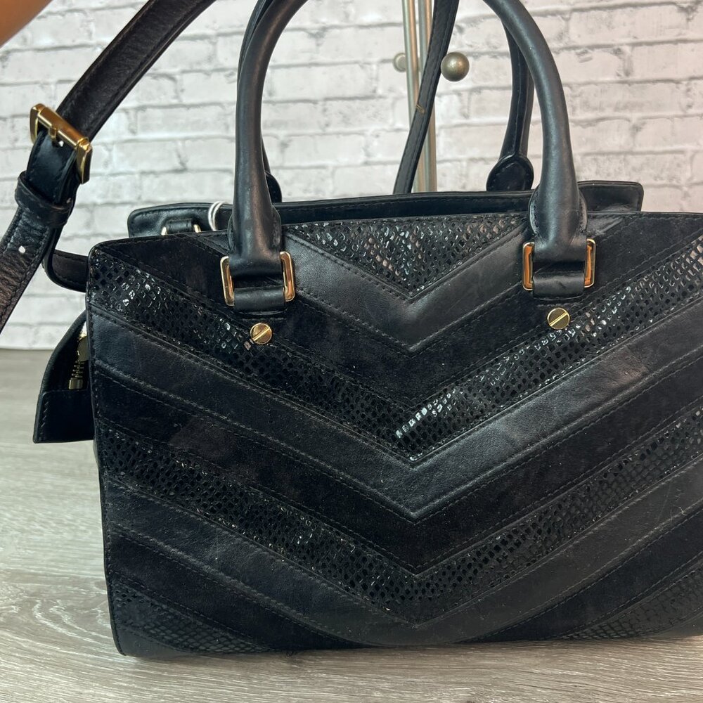 Michael Kors Selma Chevron Satchel Black Leather Tote Top Handle Handbag Bag - Picture 2 of 6